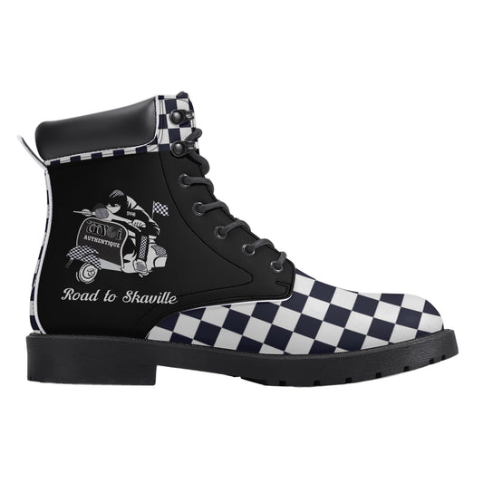 Black and white checkered high-top sneaker with graphic design on a white background