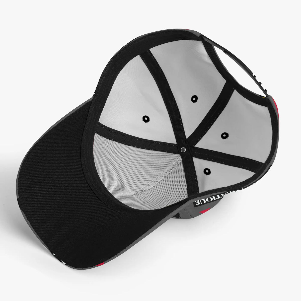 Black and grey cap with brand logo on a white background