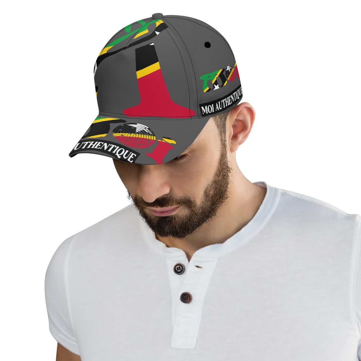 Man wearing a cap with colourful designs and text on a white background