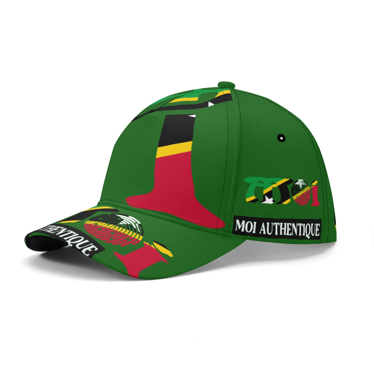 Green cap with colorful designs and text on a white background