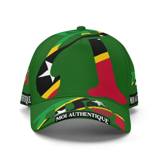Green cap with colorful design and 'MOI AUTHENTIQUE' text on a white background