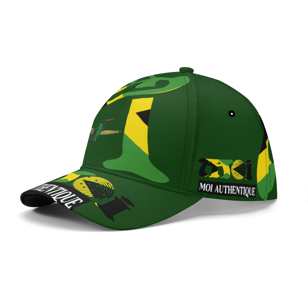 Green cap with black, yellow, and white designs on a white background