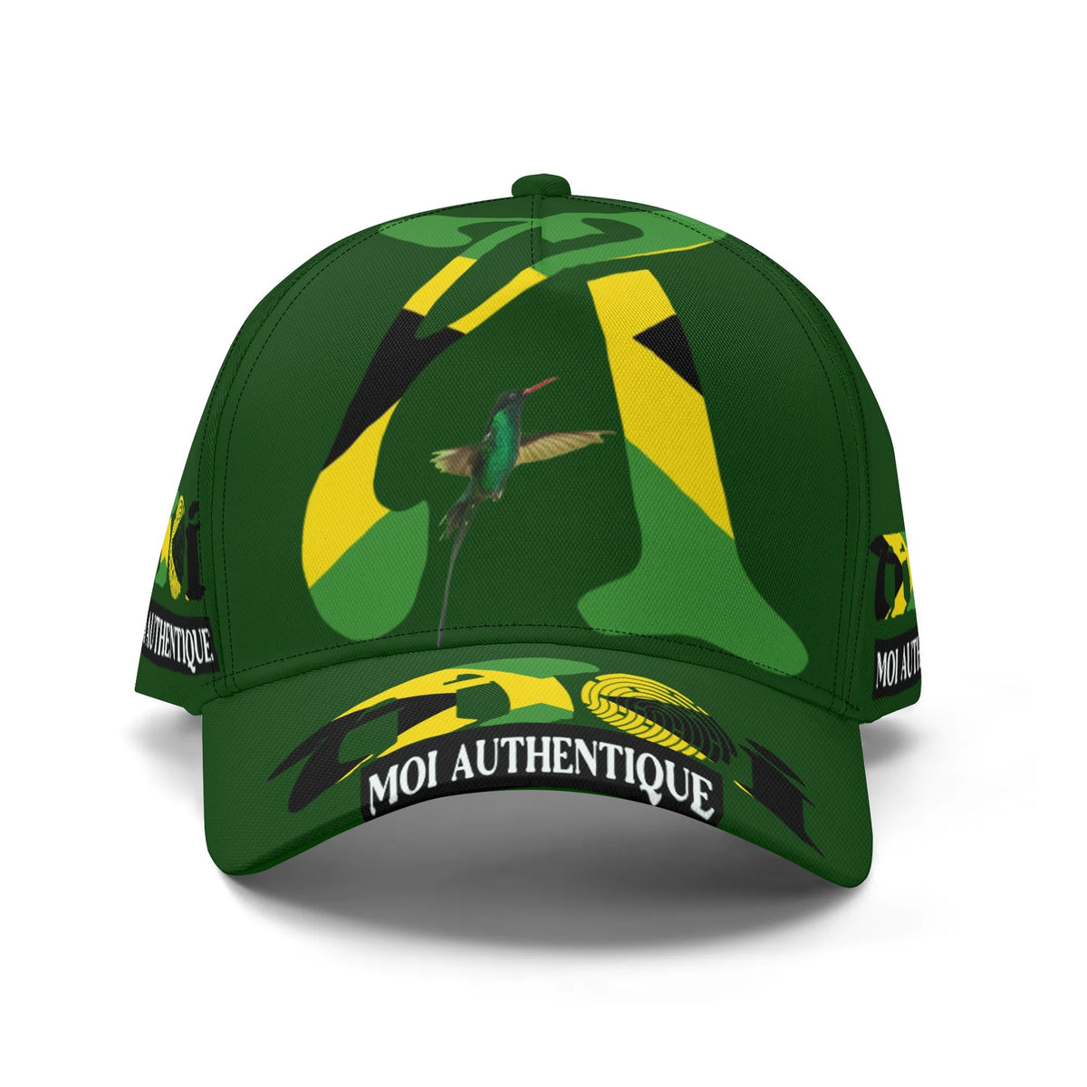 Green cap with yellow and black accents featuring a hummingbird design on a white background