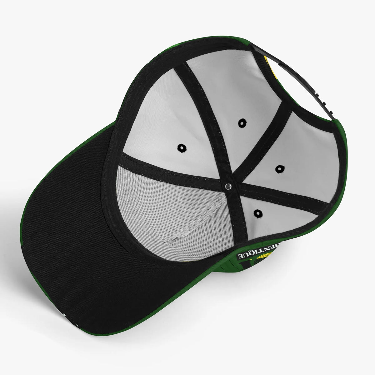 Black and green cap with a white mesh back on a white background