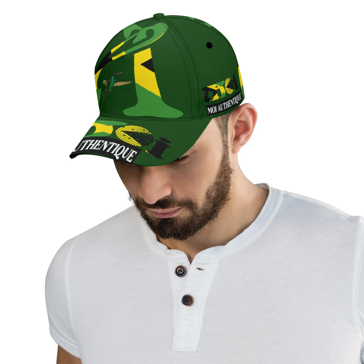 Man wearing a green cap with branding on a white background