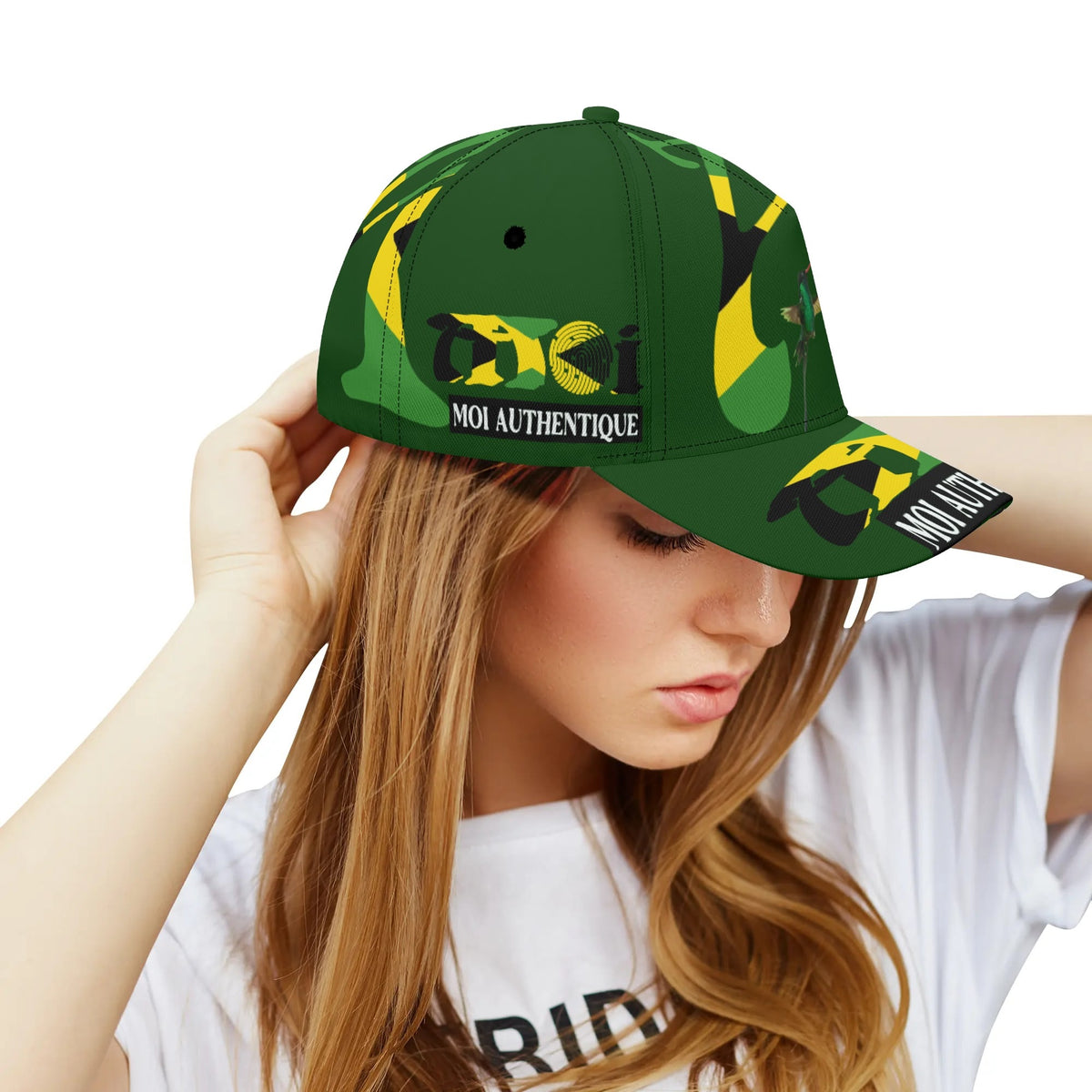Person wearing a green cap with yellow and black designs on a white background