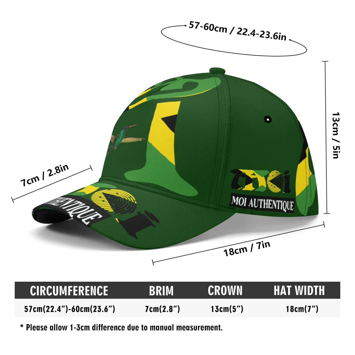 Green cap with yellow and black design, featuring brand logo and text, with size measurement labels.