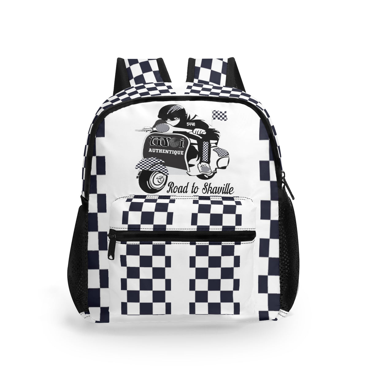 A chequered black and white backpack with a graphic design on the front, featuring adjustable shoulder straps and side mesh pockets.