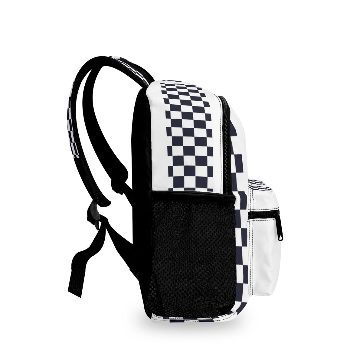Side view of a chequered backpack.