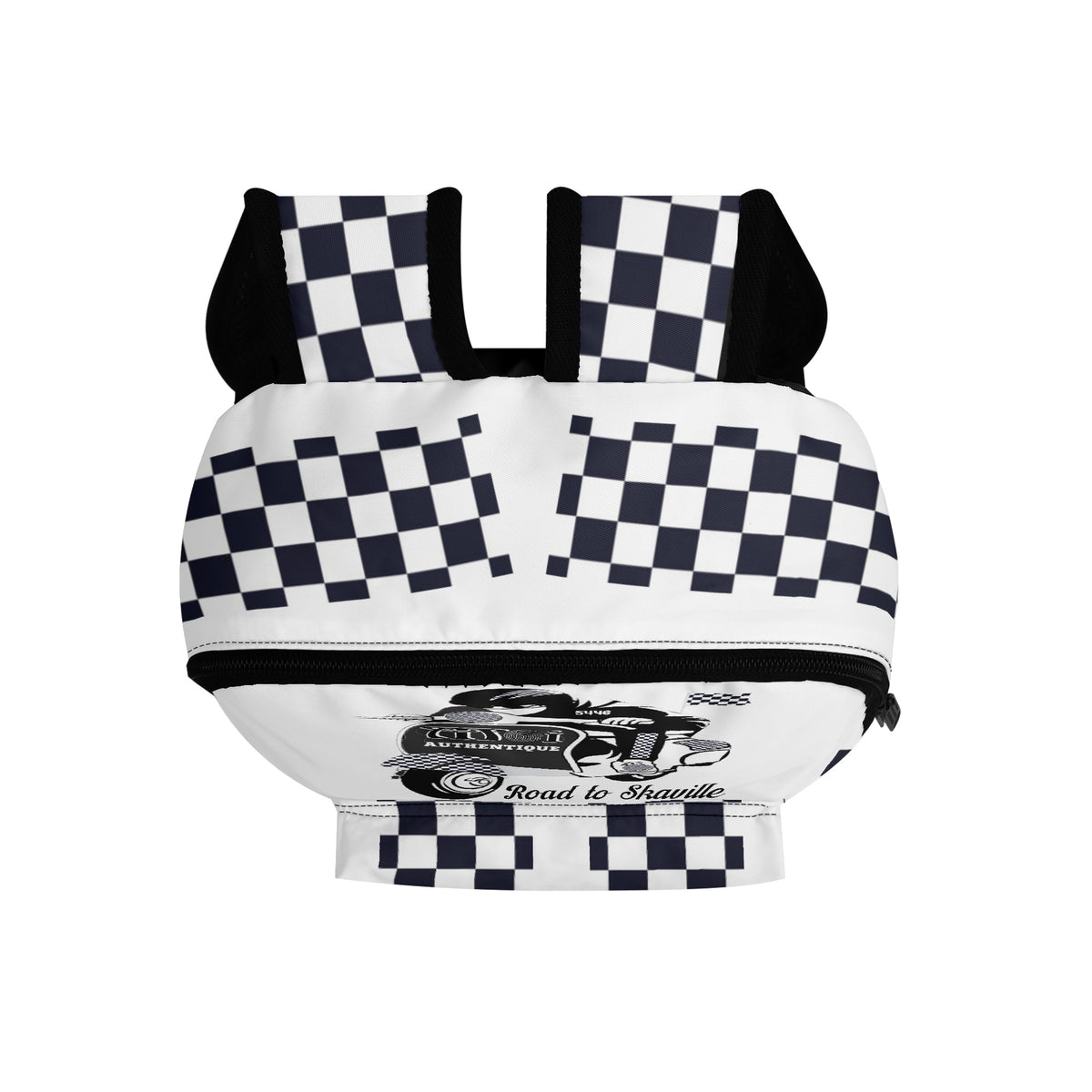 View of a black and white chequered backpack