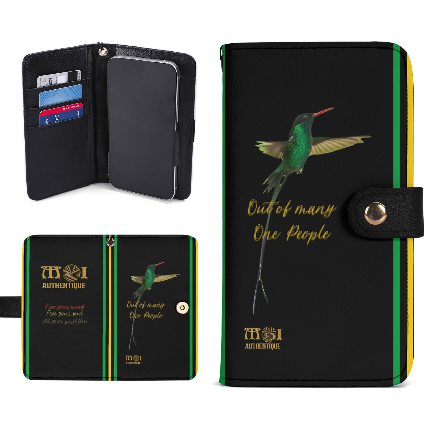 A black flip phone case with a hummingbird design, featuring a wallet compartment with multiple card slots.