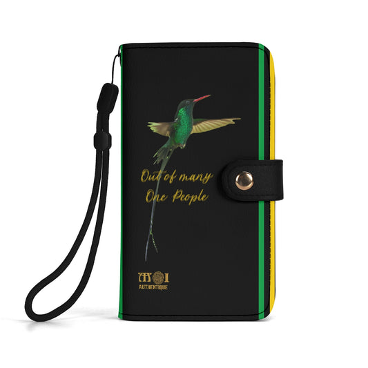 A black flip phone case with a hummingbird design, with text and logo