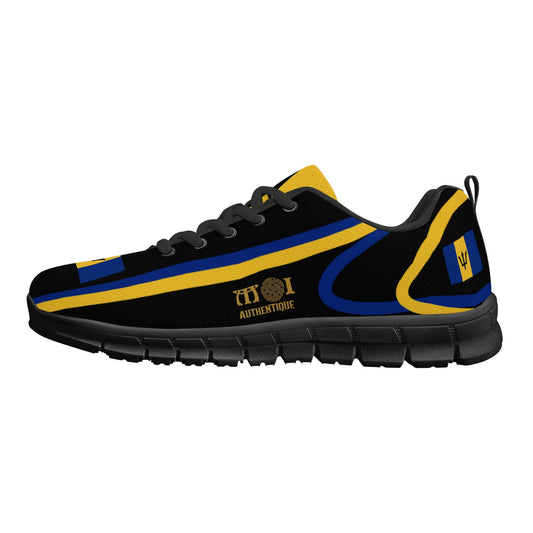 Black sneaker with blue and yellow accents on a white background