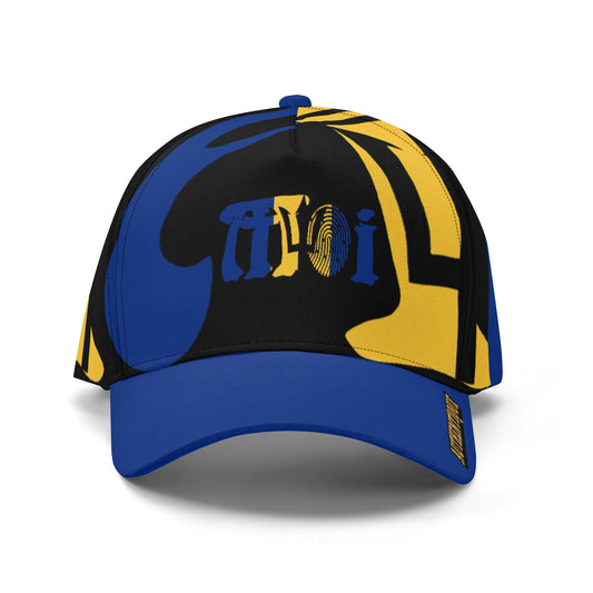 Colourful cap with blue, yellow, and black design on a white background