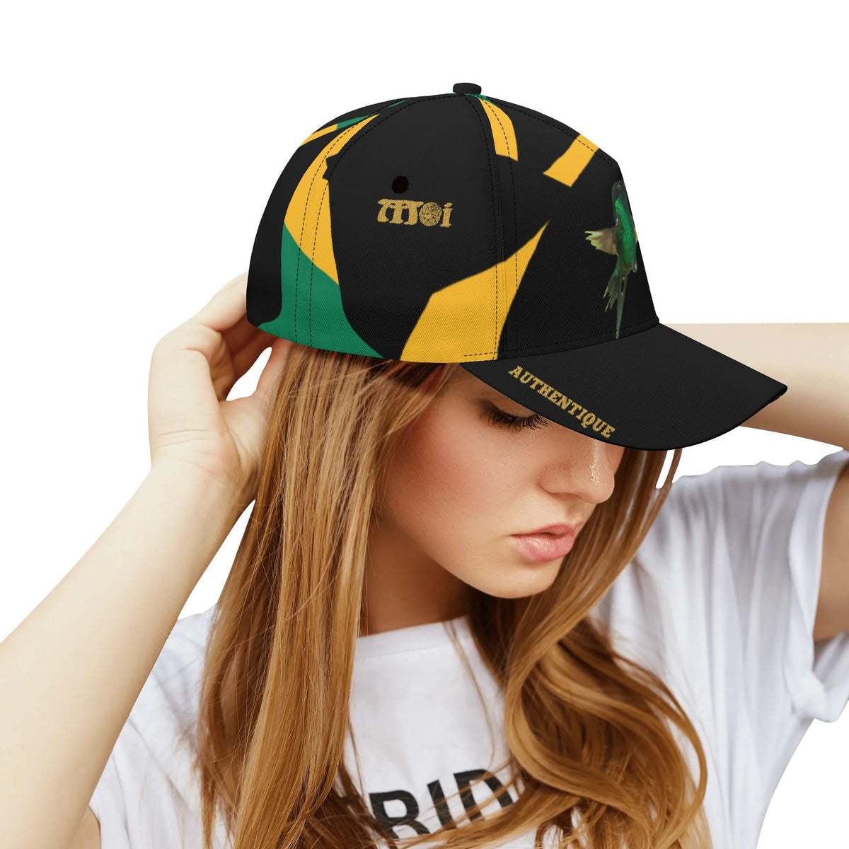 Woman wearing a colourful cap with a brand logo on a white background