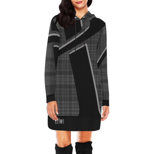 Hoodie dress with geometric pattern and brand logo on a white background