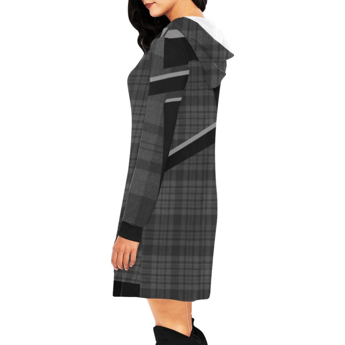 Plaid dress with geometric design on a white background