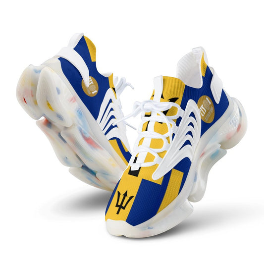 Colourful sneakers with blue, yellow, and white design on a white background