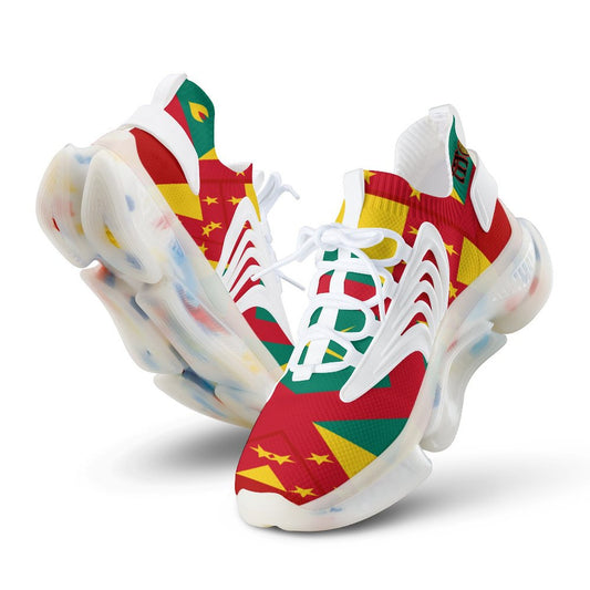 Colourful sneakers with a pattern resembling a flag on a white background