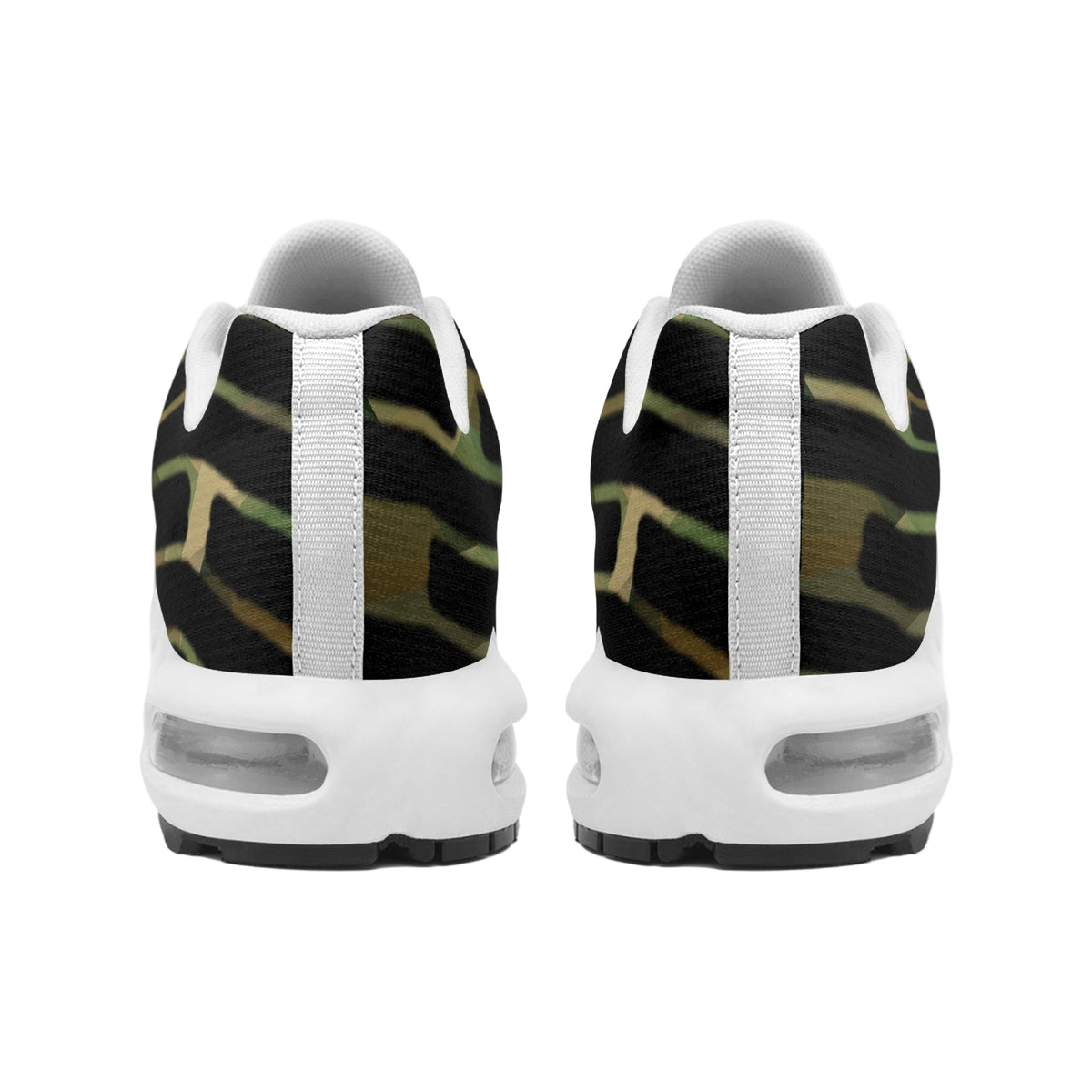 Back view of white sneakers with black and green pattern on a white background