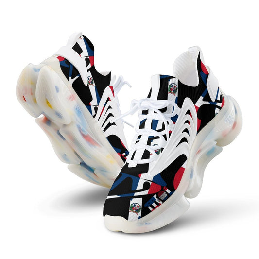 Colourful sneakers with a geometric pattern on a white background