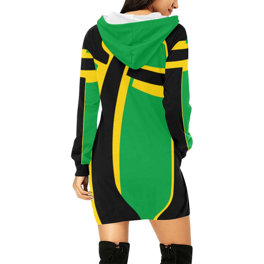 Rear view of a woman wearing a green, black and yellow dress on a white background.