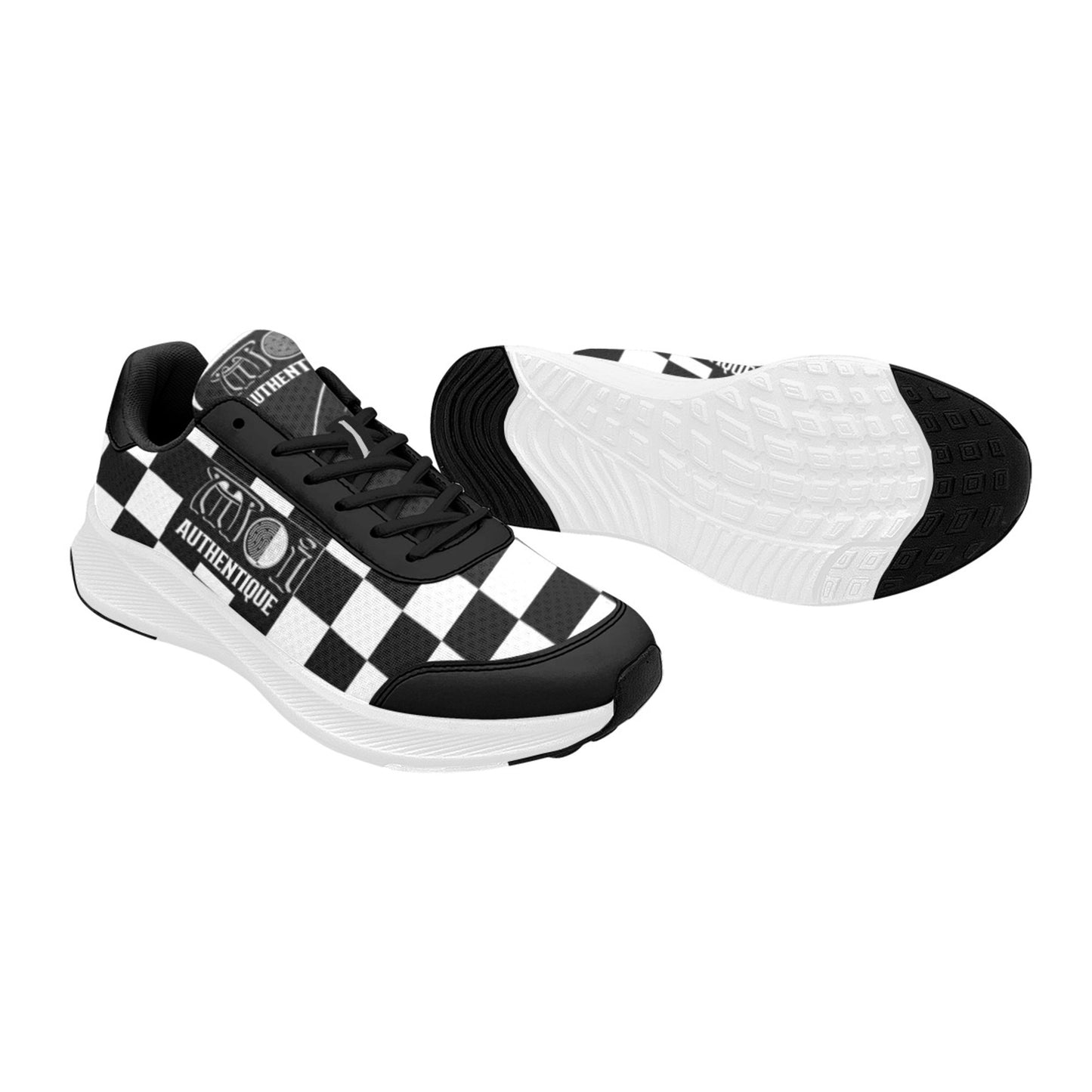 A pair of white Moi Authentique men's 2-Tone Skanking Sneakers with a black and white checkered design showing a white sole on a white background