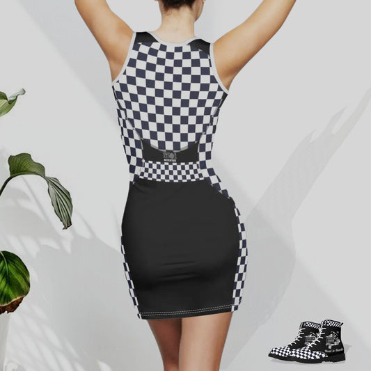 A woman with her back turned wearing a sleeveless mini dress with a checkered pattern and a graphic print, paired with checkered boots.