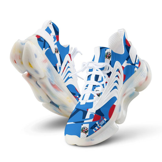 Blue and white sneakers with colourful accents on a white background
