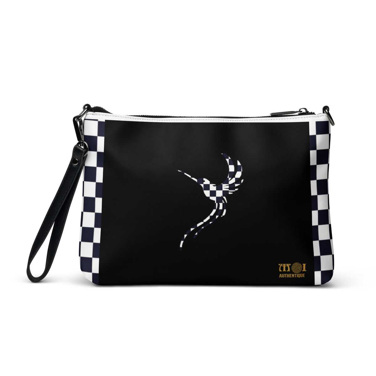 A black and white checkered faux leather crossbody bag with a distinctive logo on the front