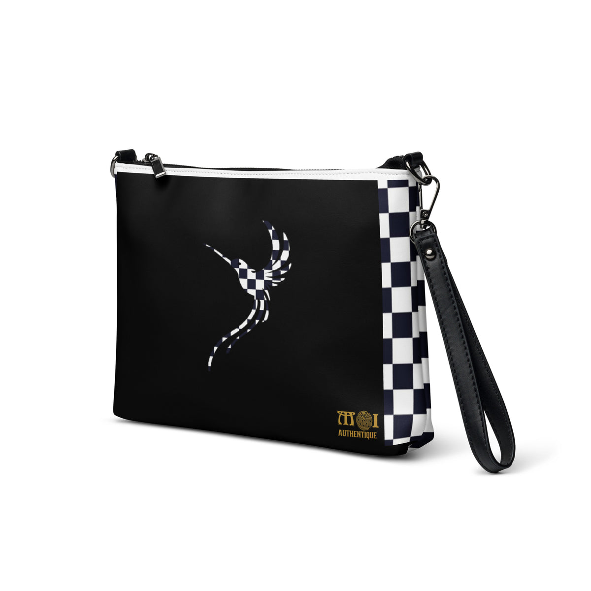 A black and white checkered faux leather crossbody bag with a distinctive logo on the front