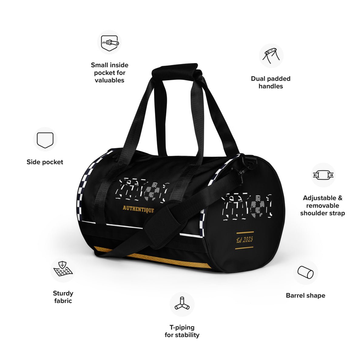 Image showing detail of a black two-tone, ska-inspired black and yellow gym duffel bag featuring checkered design details and the brand name 'Moi Authentique' displayed prominently.