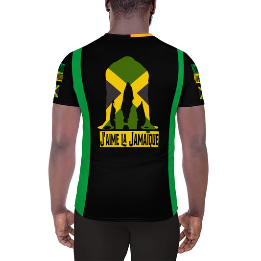 Back of a man wearing a short-sleeved men's athletic t-shirt with a graphic that says 'I love Jamaica' and features a green and yellow colour scheme, representing the flag of Jamaica.