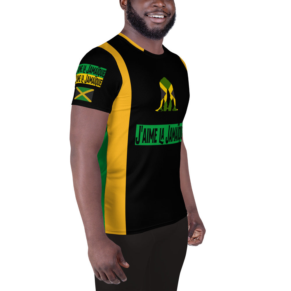 Side view of a man wearing a short-sleeved men's athletic t-shirt with a graphic that says 'I love Jamaica' and features a green and yellow colour scheme, representing the flag of Jamaica.