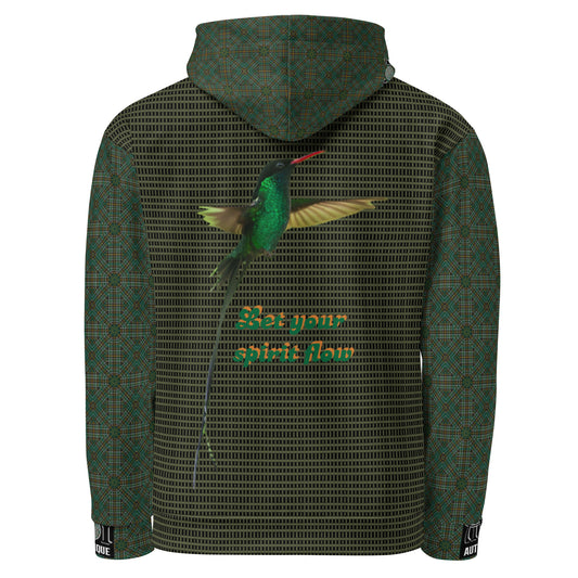 Green hoodie with a hummingbird design and text on the back against a white background