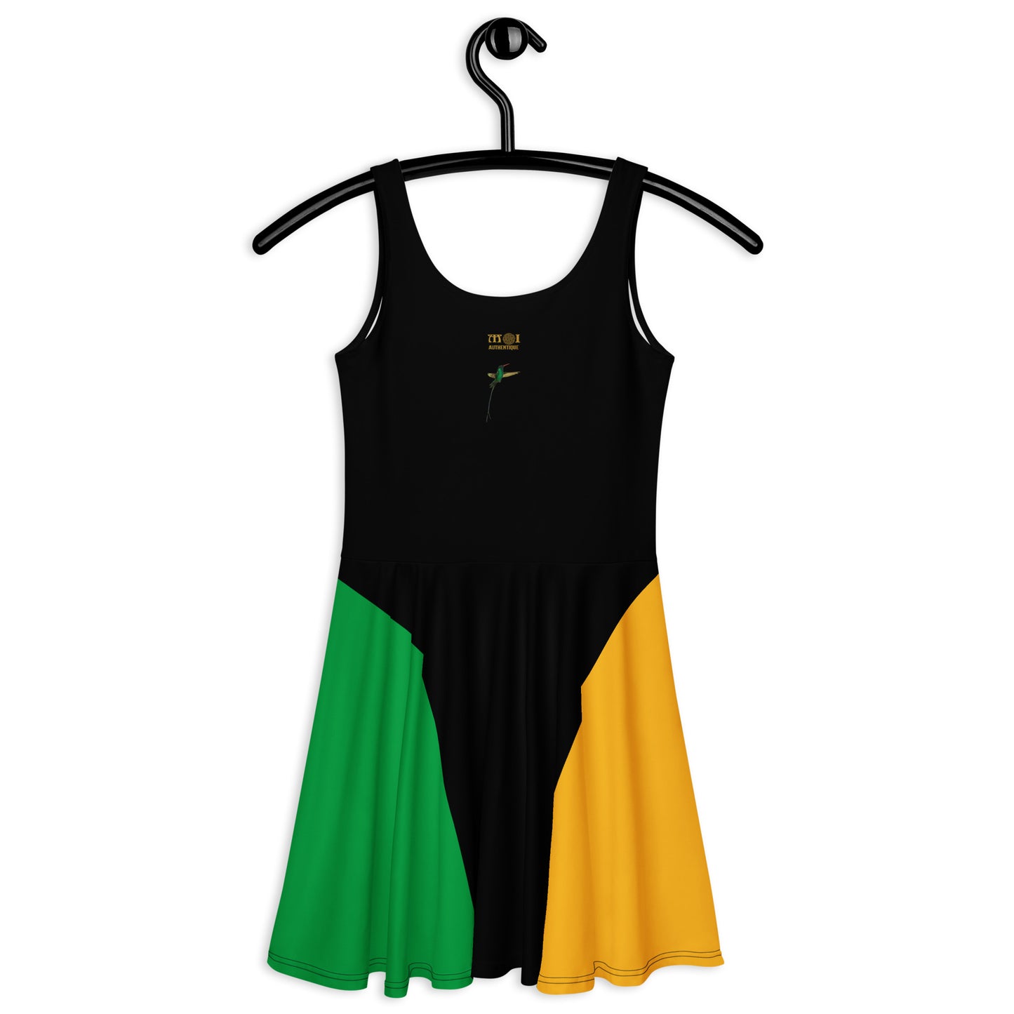 Moi AQuthentique product mockup of a black, yellow and green jamaica style dress