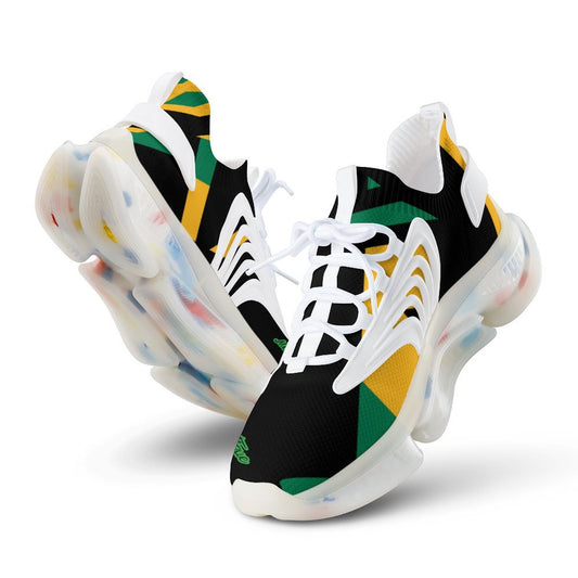 Colourful sneakers with a black, green, and yellow design on a white background