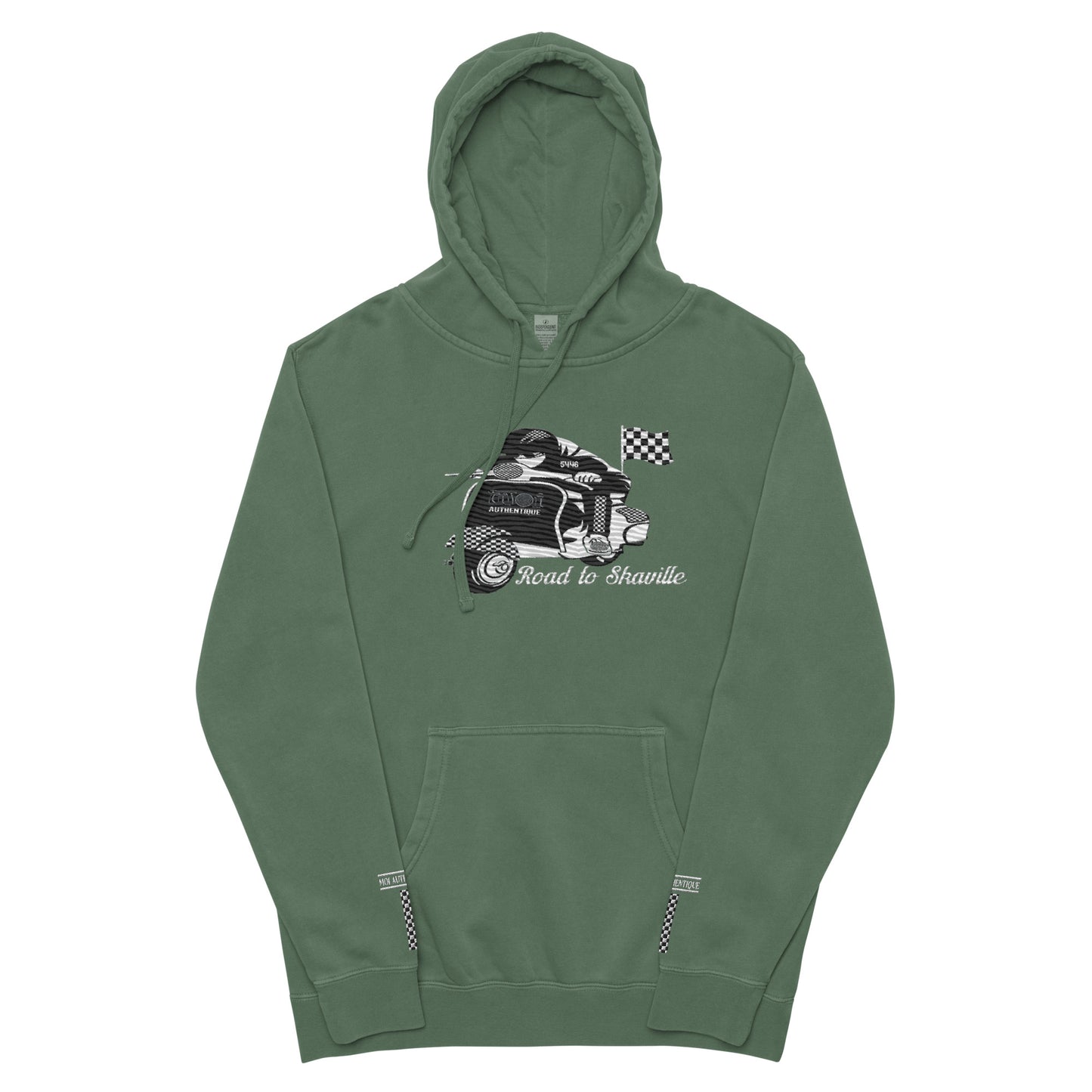 Image showing a green unisex pigment-dyed hoodie with front and sleeve embroidery, featuring a Lambretta design.