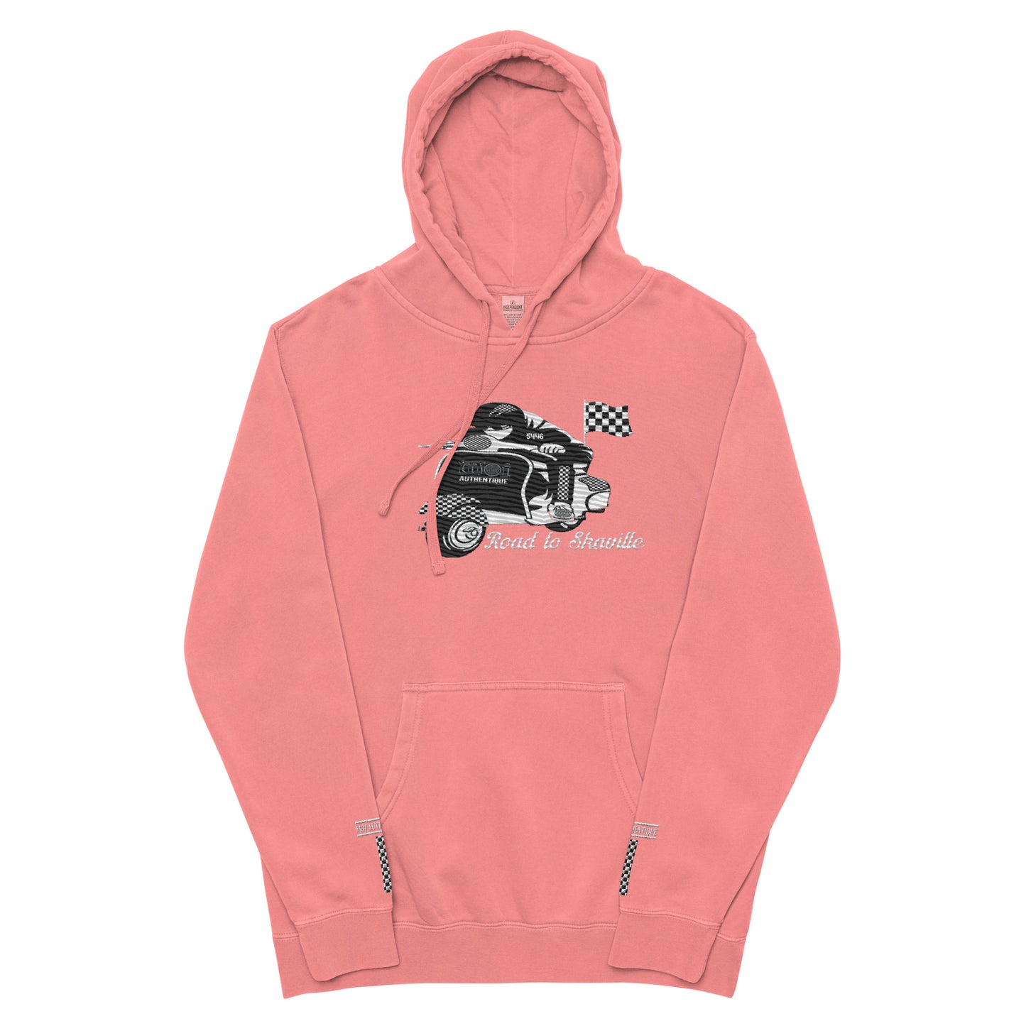 Image showing a pink unisex pigment-dyed hoodie with front and sleeve embroidery, featuring a Lambretta design.
