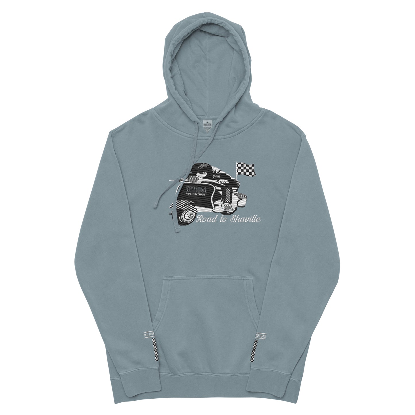 Image showing a slate blue unisex pigment-dyed hoodie with front and sleeve embroidery, featuring a Lambretta design.