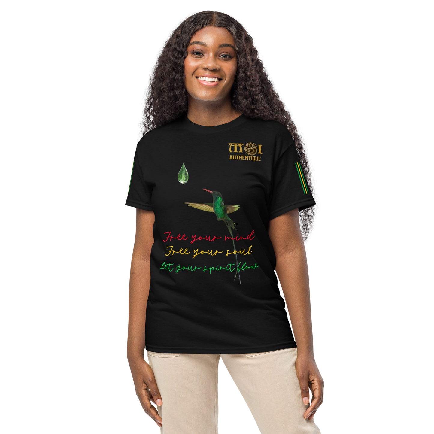 A woman wearing a black Moi Authentique Unisex DryBlend T-Shirt with text and graphics on the front.