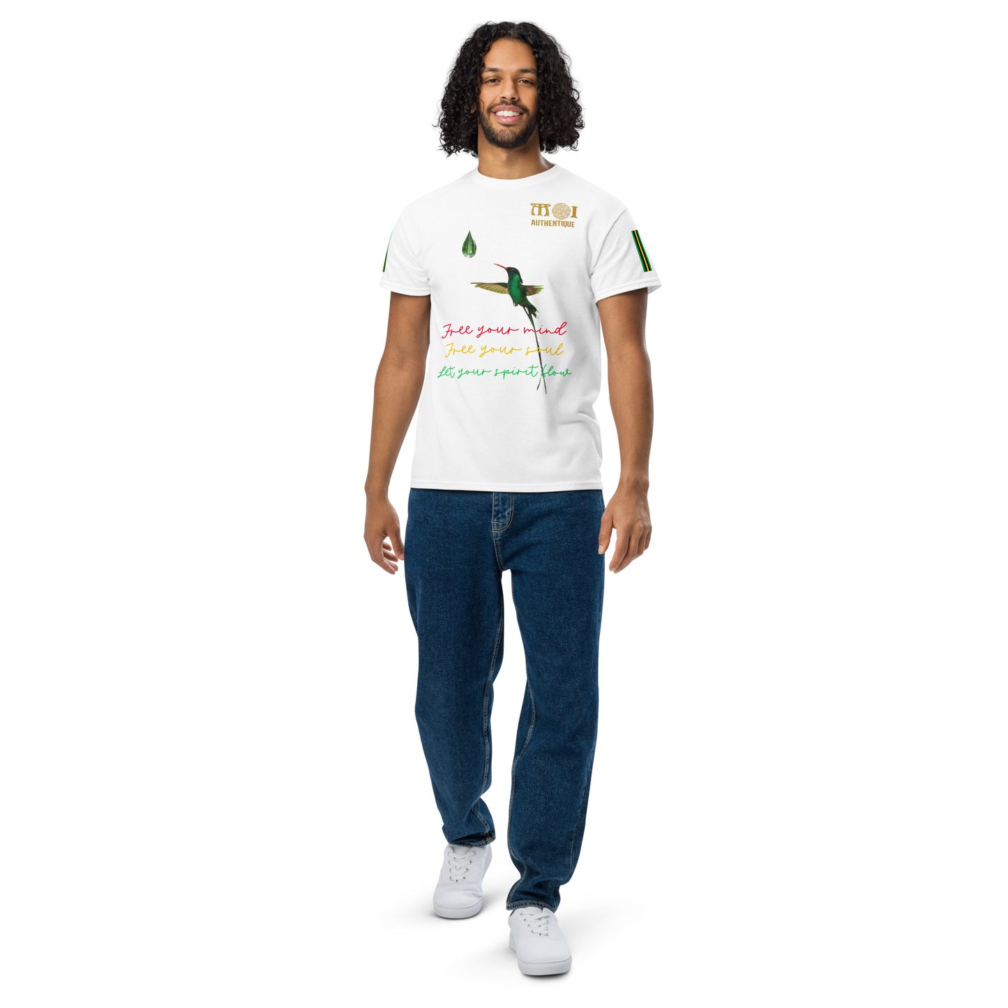 A smiling person with short hair wearing a white Unisex DryBlend T-Shirt with colourful text and graphics on it.