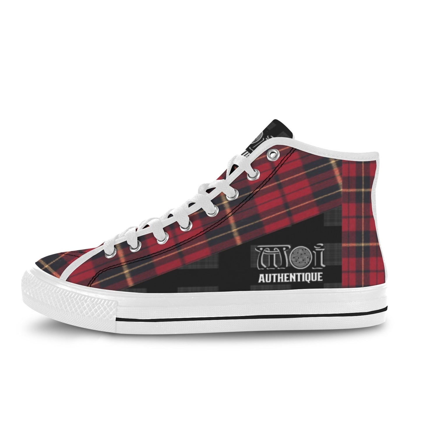 Red and black plaid patterned sneaker with white laces on a white background
