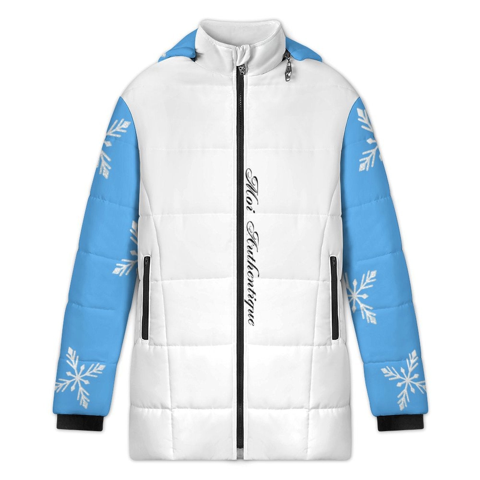 White puffer jacket with blue sleeves featuring snowflake patterns on a white background