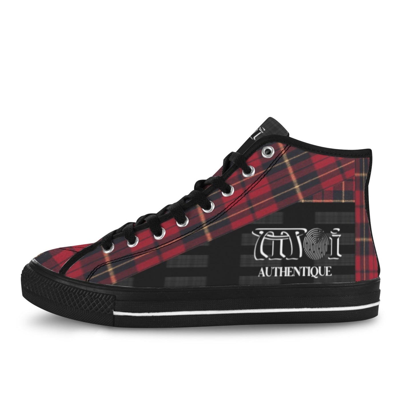 High-top sneaker with red plaid pattern and black accents on a white background