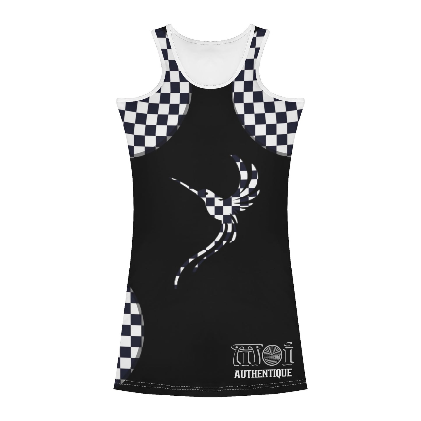 A  sleeveless mini dress with a checkered pattern and a graphic print on a white background.
