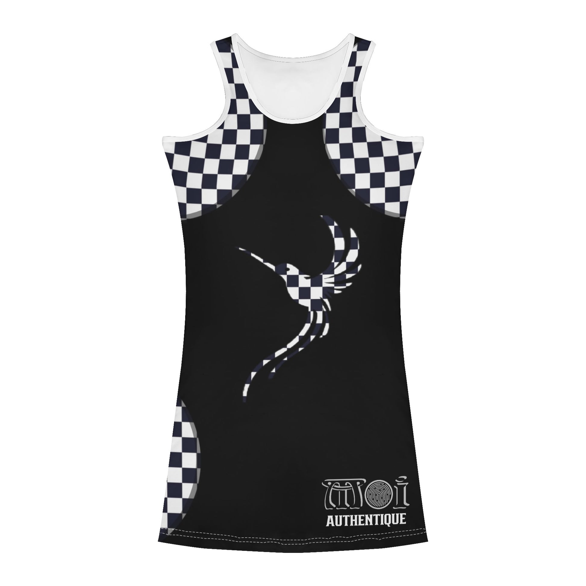 A  sleeveless mini dress with a checkered pattern and a graphic print on a white background.