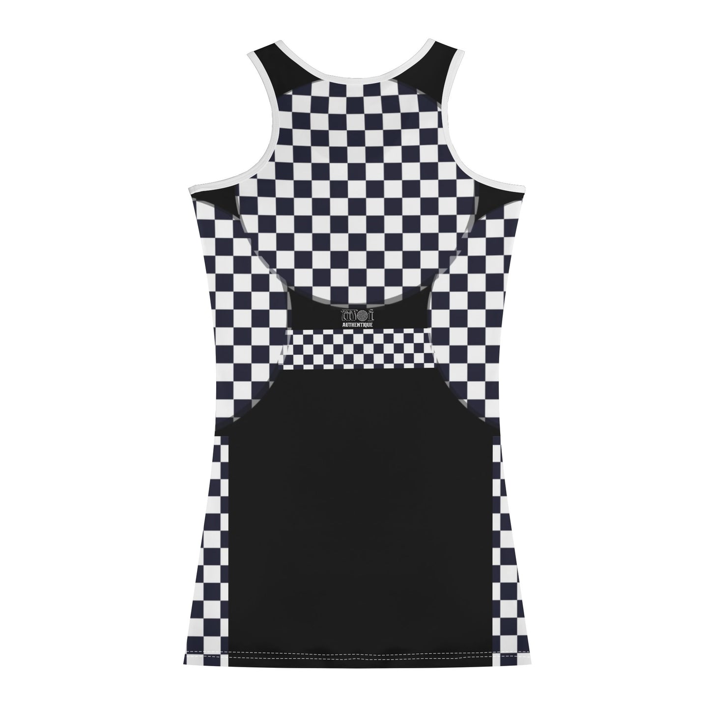 A  sleeveless mini dress with a checkered pattern and a graphic print on a white background.