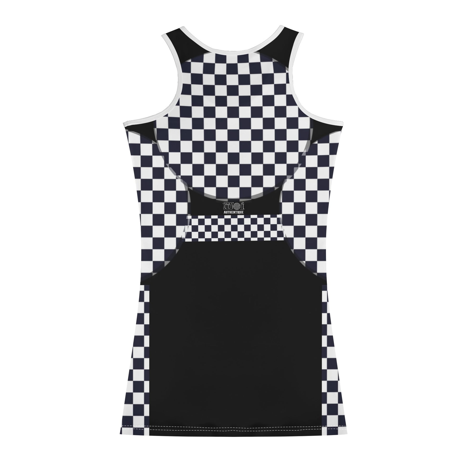 A  sleeveless mini dress with a checkered pattern and a graphic print on a white background.