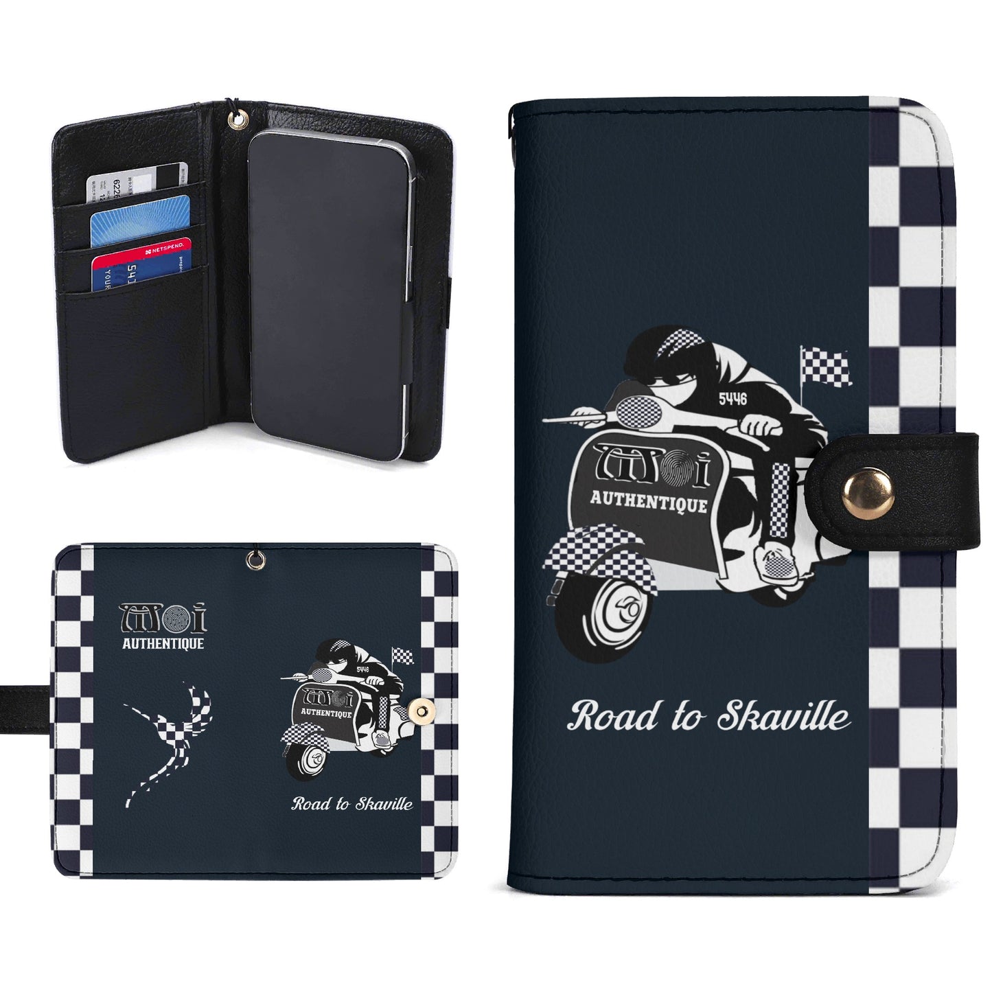 A two-tone black and white phone flip case with a checkered design and a graphic print of a character on a scooter.